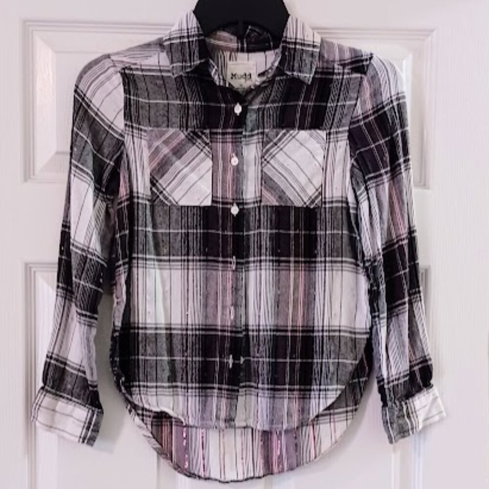 Mudd Girls size 10 Flannel shirt black, white, and gray with pink sparkles
